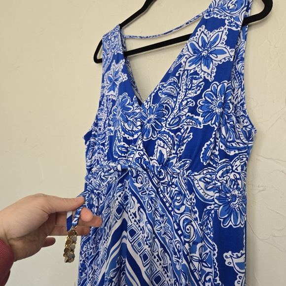 Lilly Pulitzer Blue White Drawstring Waist Miraflora Maxi Dress, XL - Picture 9 of 13